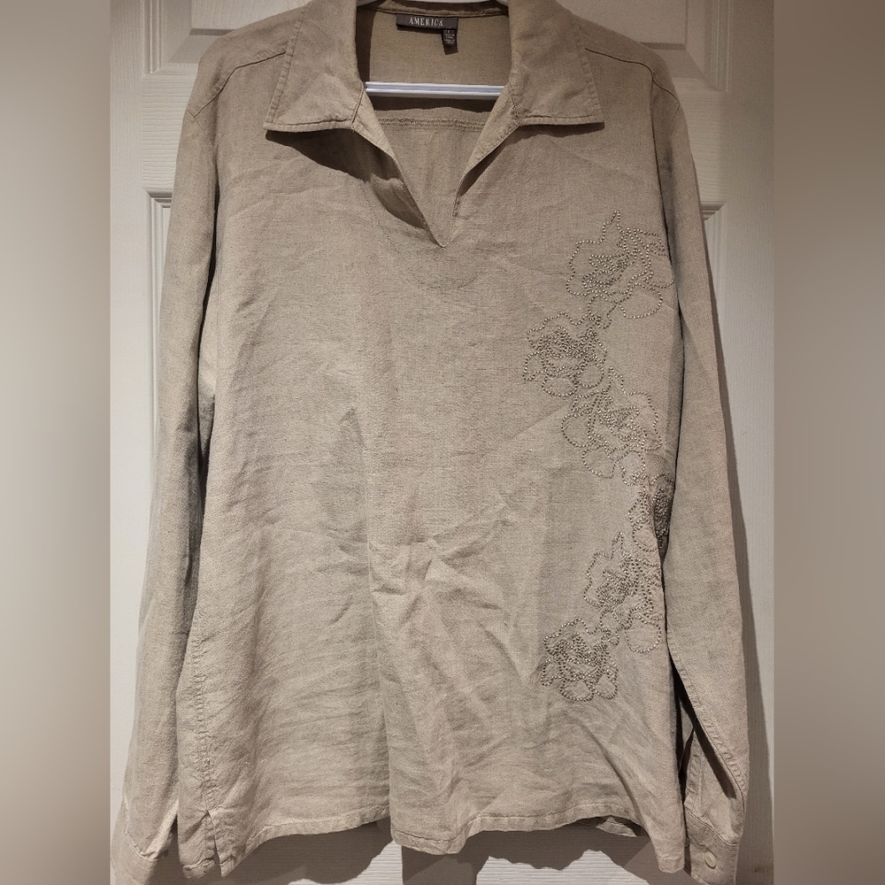 100% Linen Women's Beige Embroidered Blouse